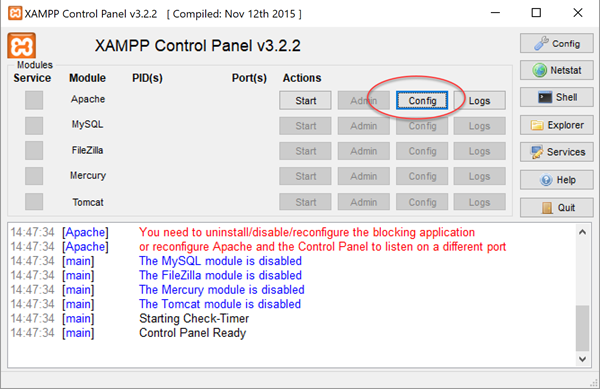 XAMPP Controle paneel- foutmelding poort